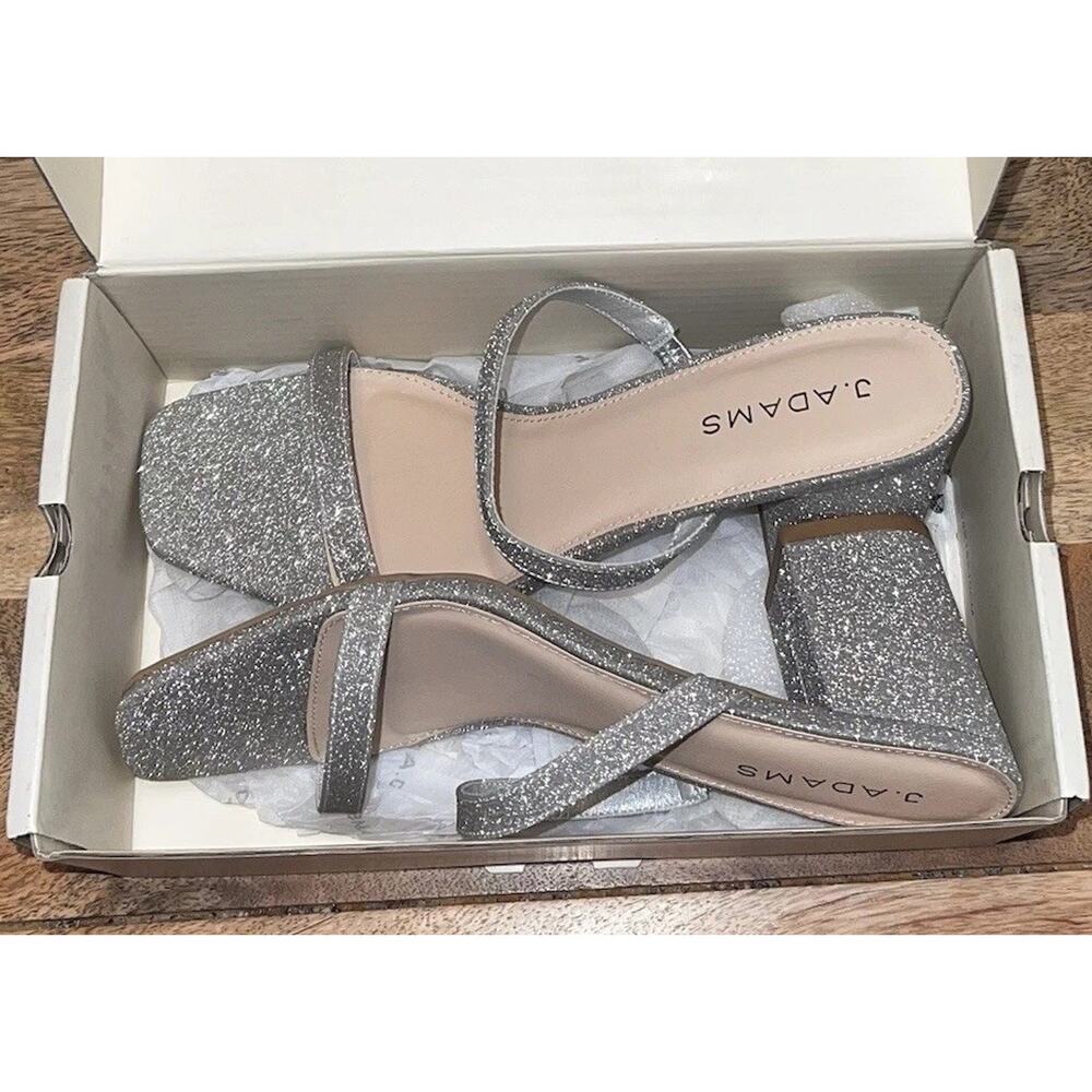 J. Adams Silver Glitter Strappy Block Heel Ankle Strap Sandals for Women Sz. 9.5